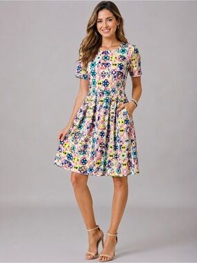 LuLaRoe Amelia Dress Size Small Geometric Print Fit & Flare Textured Stretch NWT